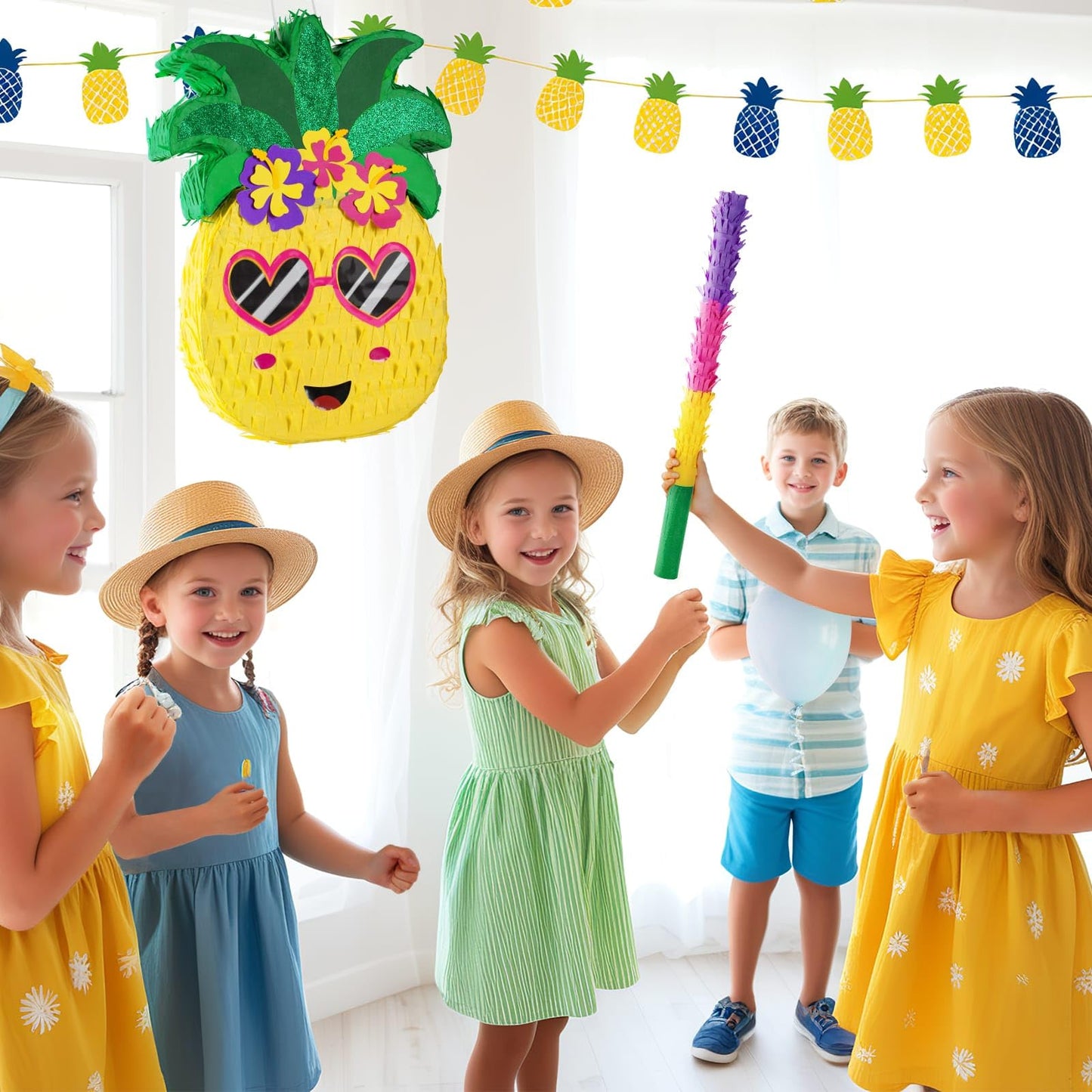 WERNNSAI Small Pineapple Piñata - Piñata with Blindfold and Bat for Girls Boys Kids Piñata for Hawaiian Tropical Luau Party Supplies Summer Fruit Themed Birthday Party Decorations for Fiestas Carnival