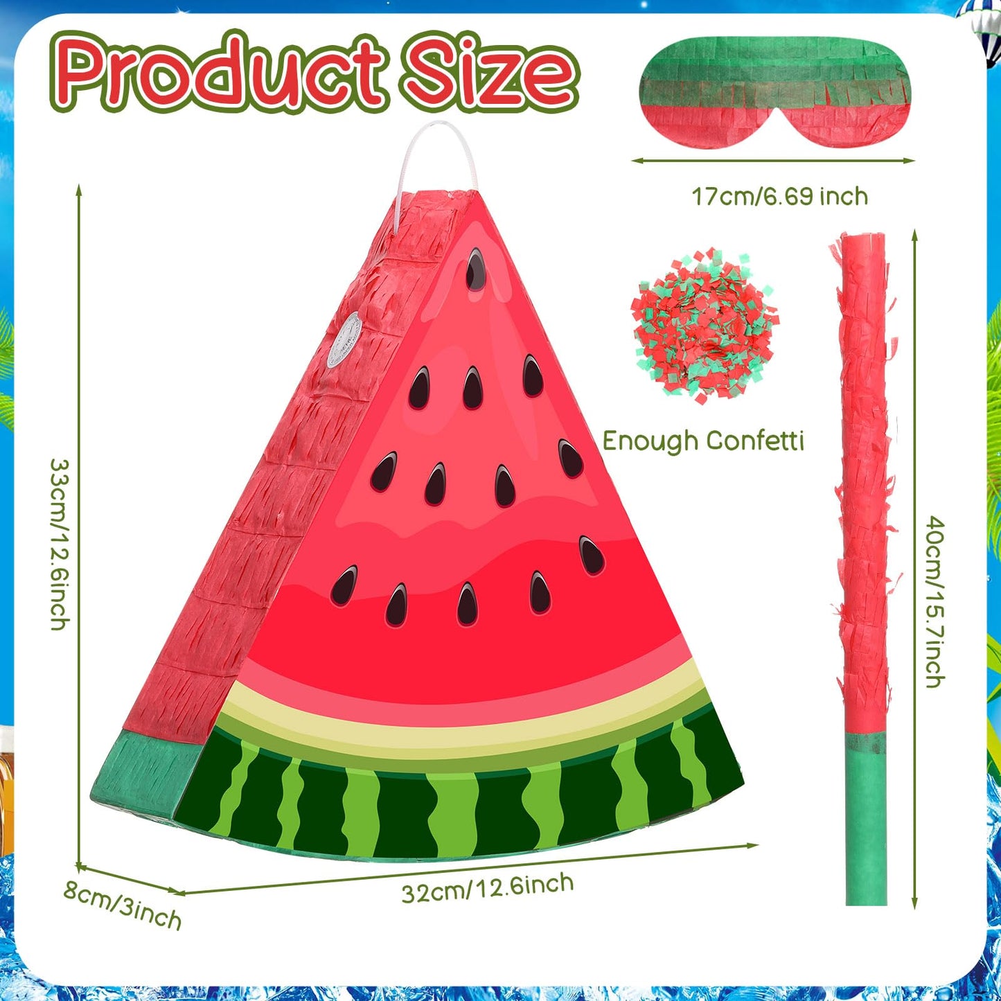 Aoriher Small Watermelon Piñata Summer Piñata with Blindfold Bat and Confetti for Kids Fruit Piñata Summer Fruit Piñata Decorations for Birthday Party Summer Theme Party Game Supplies, 12.6 x 13 x 3"