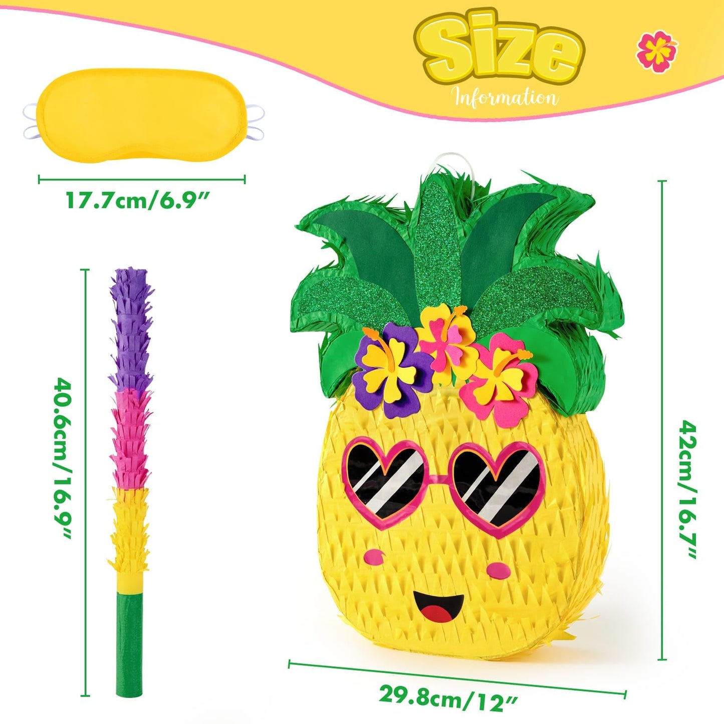 WERNNSAI Small Pineapple Piñata - Piñata with Blindfold and Bat for Girls Boys Kids Piñata for Hawaiian Tropical Luau Party Supplies Summer Fruit Themed Birthday Party Decorations for Fiestas Carnival