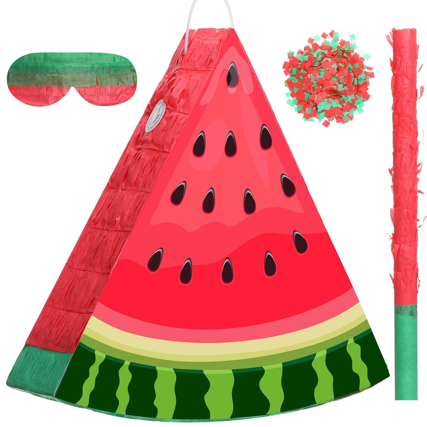Aoriher Small Watermelon Piñata Summer Piñata with Blindfold Bat and Confetti for Kids Fruit Piñata Summer Fruit Piñata Decorations for Birthday Party Summer Theme Party Game Supplies, 12.6 x 13 x 3"