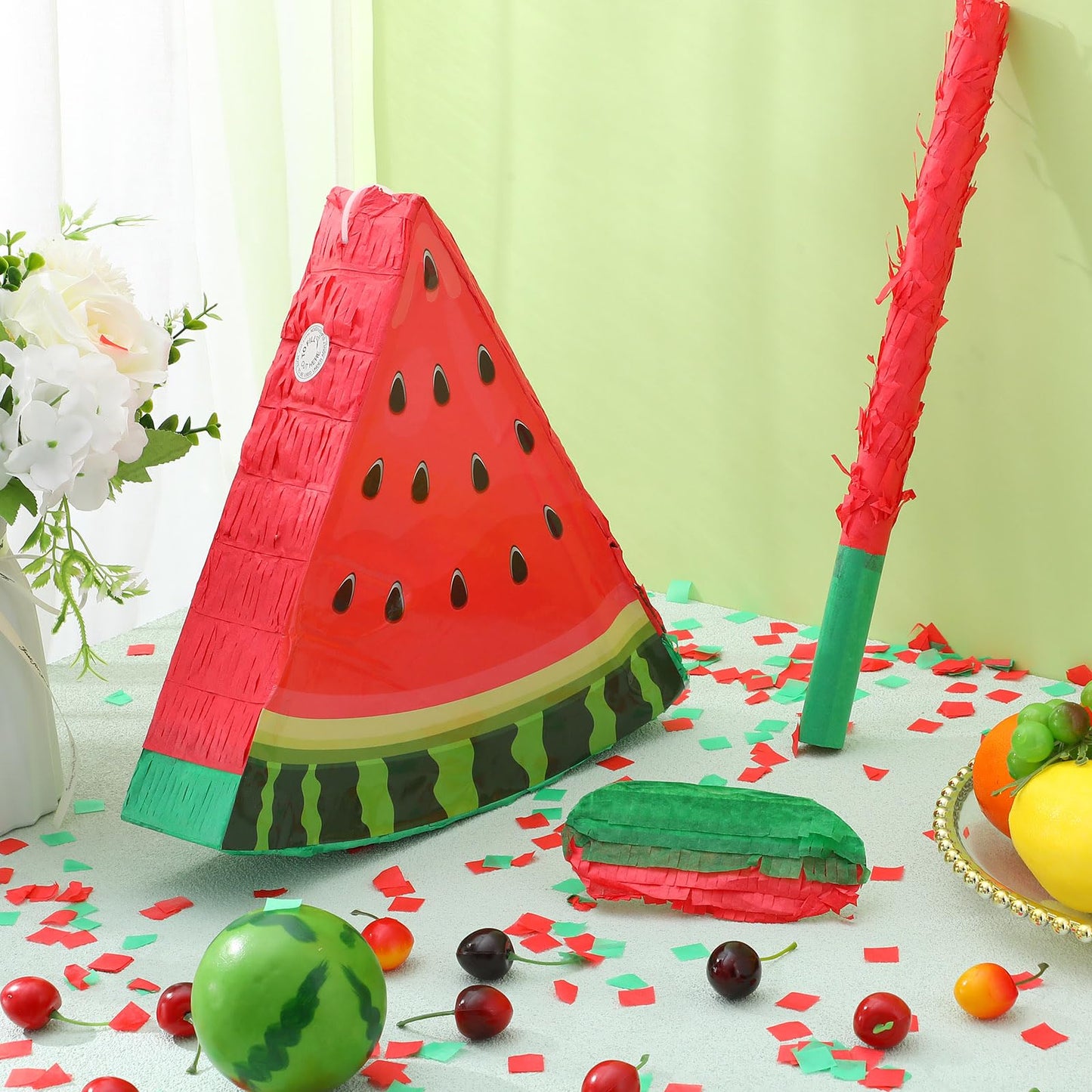 Aoriher Small Watermelon Piñata Summer Piñata with Blindfold Bat and Confetti for Kids Fruit Piñata Summer Fruit Piñata Decorations for Birthday Party Summer Theme Party Game Supplies, 12.6 x 13 x 3"