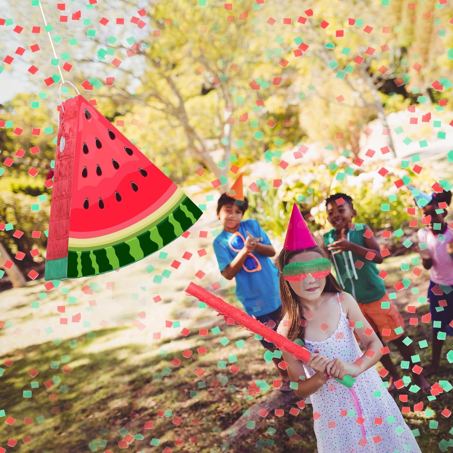 Aoriher Small Watermelon Piñata Summer Piñata with Blindfold Bat and Confetti for Kids Fruit Piñata Summer Fruit Piñata Decorations for Birthday Party Summer Theme Party Game Supplies, 12.6 x 13 x 3"