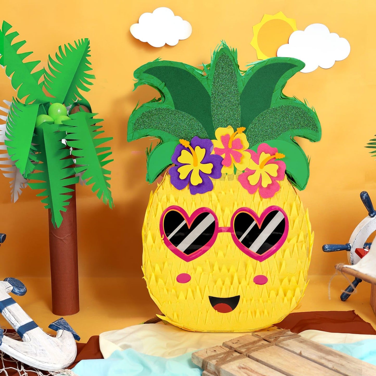 WERNNSAI Small Pineapple Piñata - Piñata with Blindfold and Bat for Girls Boys Kids Piñata for Hawaiian Tropical Luau Party Supplies Summer Fruit Themed Birthday Party Decorations for Fiestas Carnival