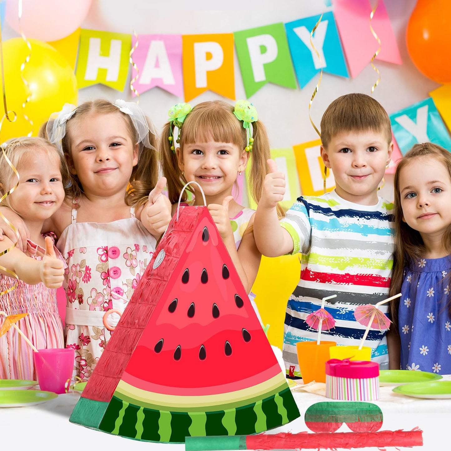 Aoriher Small Watermelon Piñata Summer Piñata with Blindfold Bat and Confetti for Kids Fruit Piñata Summer Fruit Piñata Decorations for Birthday Party Summer Theme Party Game Supplies, 12.6 x 13 x 3"