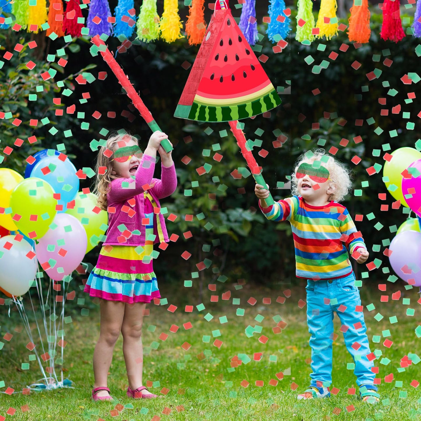 Aoriher Small Watermelon Piñata Summer Piñata with Blindfold Bat and Confetti for Kids Fruit Piñata Summer Fruit Piñata Decorations for Birthday Party Summer Theme Party Game Supplies, 12.6 x 13 x 3"