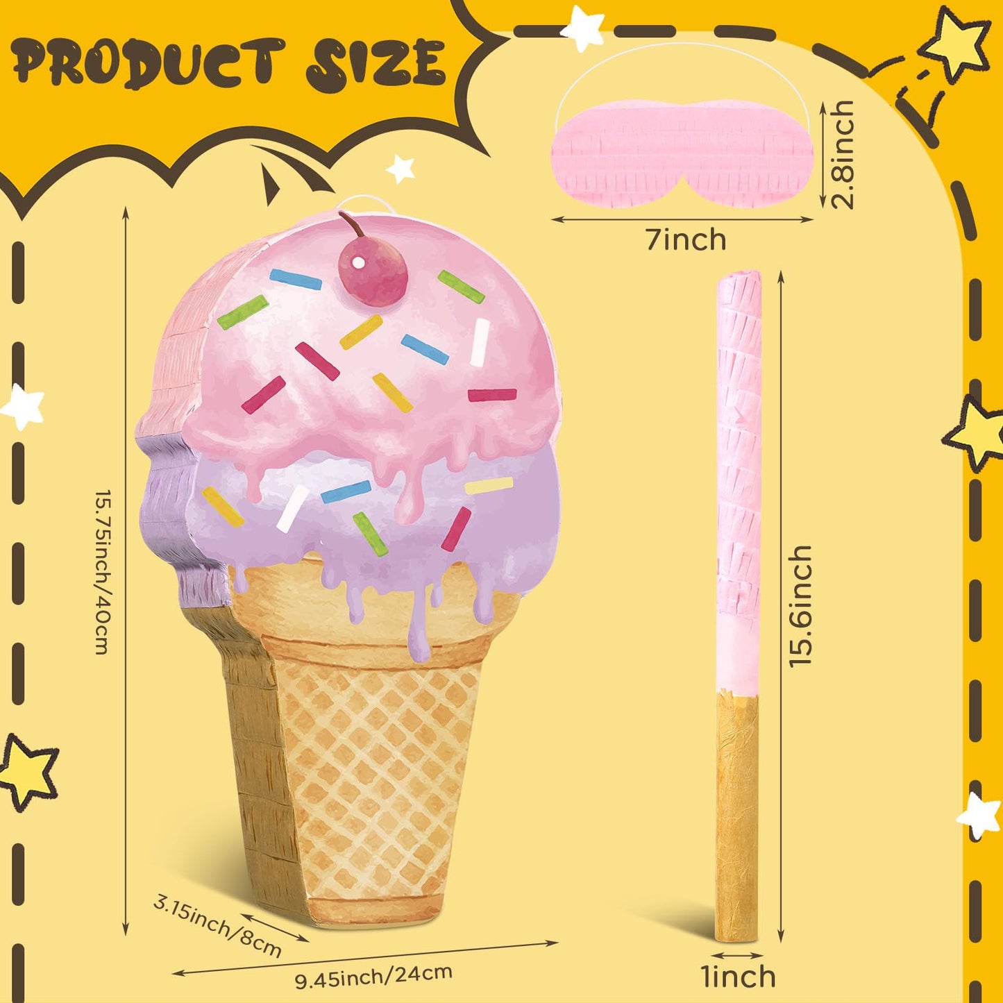 Ice Cream Piñata Ice Cream Cone Shaped Piñata with Stick Blindfold for Ice Cream Birthday Party Summer Candy Party Baby Shower Wedding Party Supplies Decor, 15.8 x 9.5 Inch(Pink, Purple)
