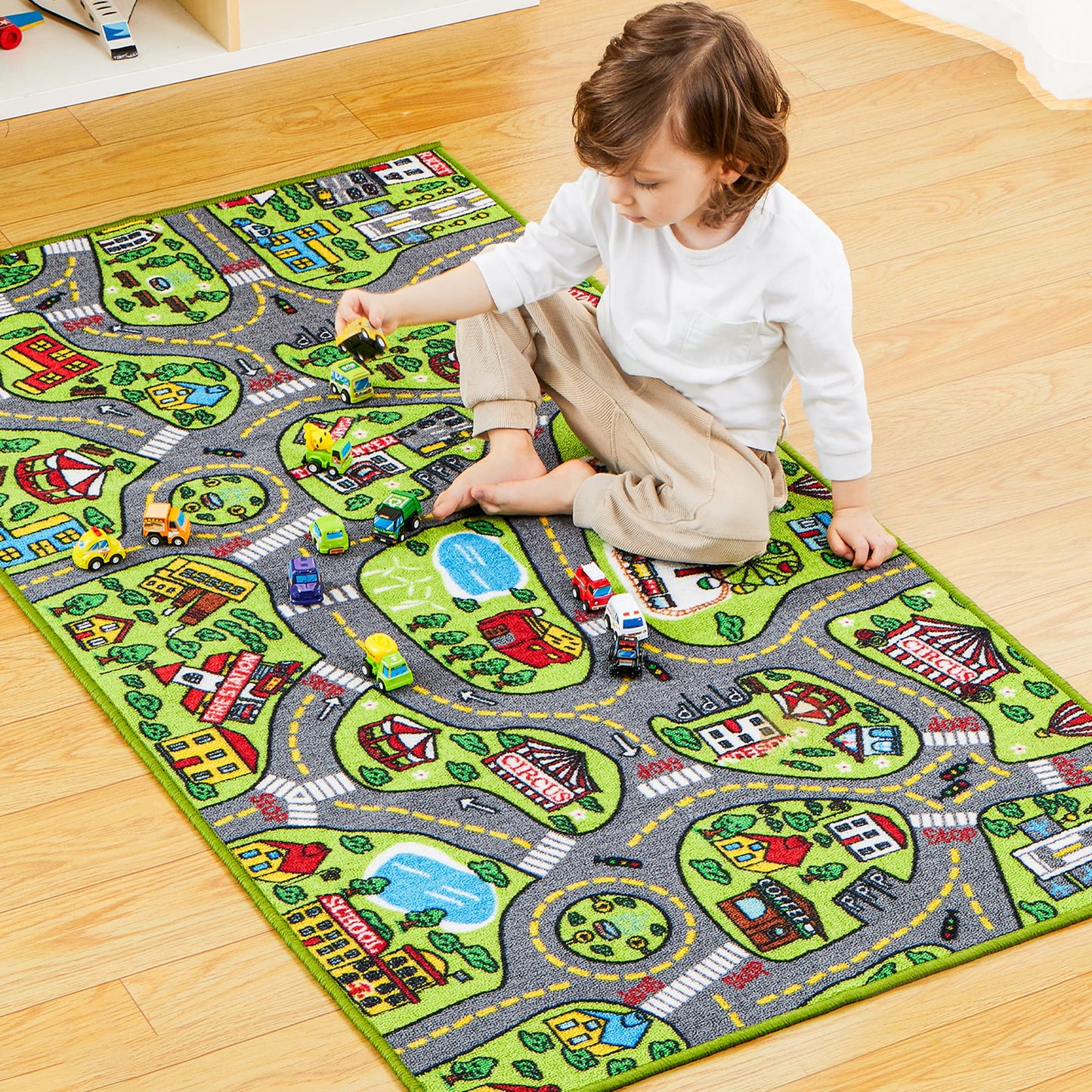 JOYIN Kids Play Rugs - 12 Pull-Back Vehicle Set - Durable Carpet Playmat Rug - City Pretend Play - Toddler Car Track Rug